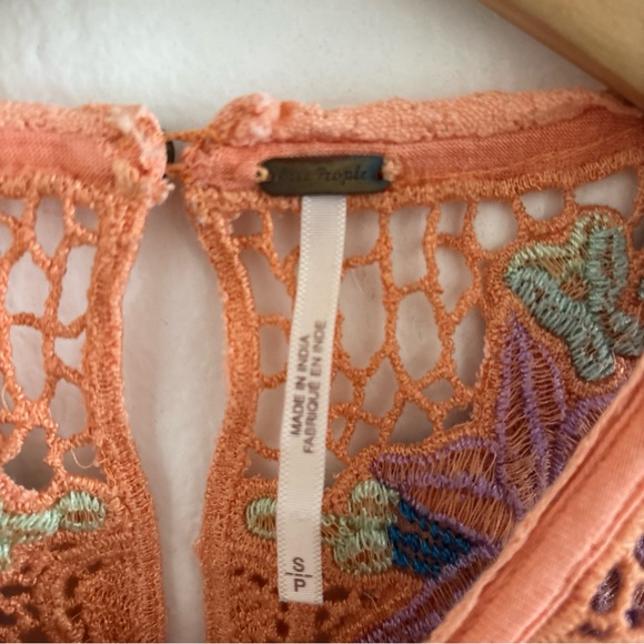 Free People Embroidered Crochet Tank Top Size Small Orange Boho Linen Blend - Picture 4 of 10